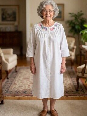 Vtg embroidered white robe housecoat M grannycore